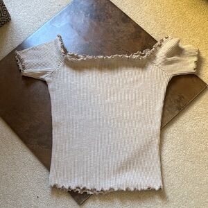 Better Be Ribbed Off-Shoulder Crop Top in Beige